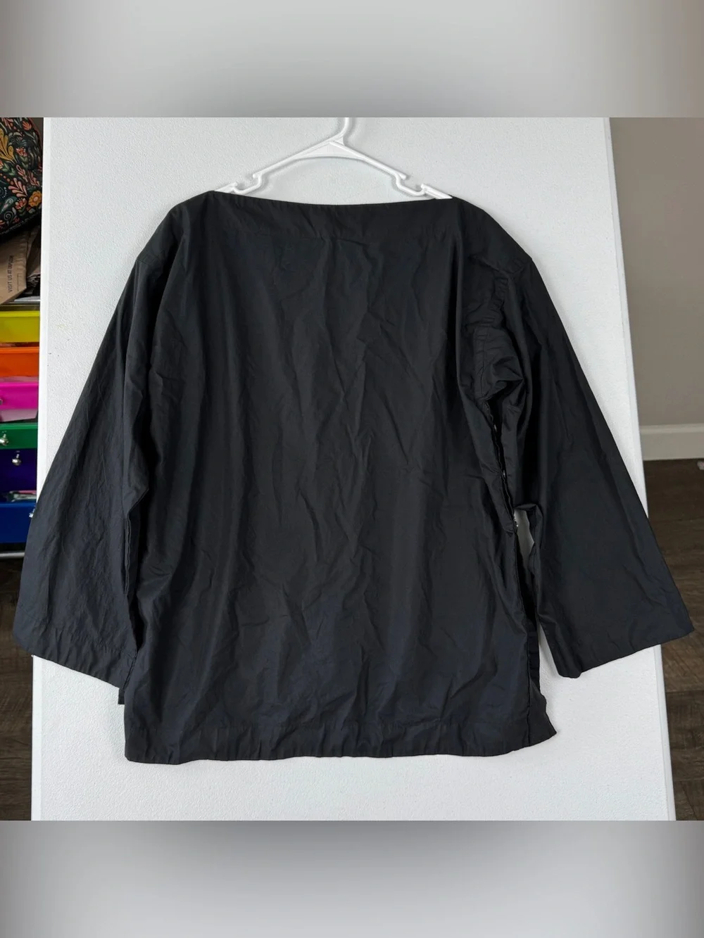 J.Crew Ciel Top Womens S Black Poplin Boatneck Side Button Waist Tie CI507 LS